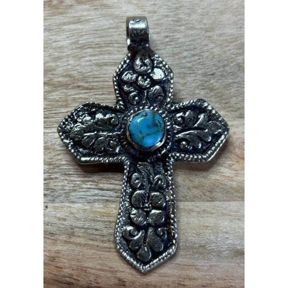 German Silver Cross Pendant Turquoise Cabochon Nepal Tibetan Floral Scroll